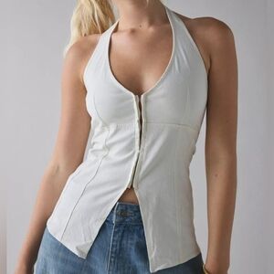Urban Outfitters Sari Seamed Linen-Blend Halter Vest Top, Artic Wolf Ivory, S